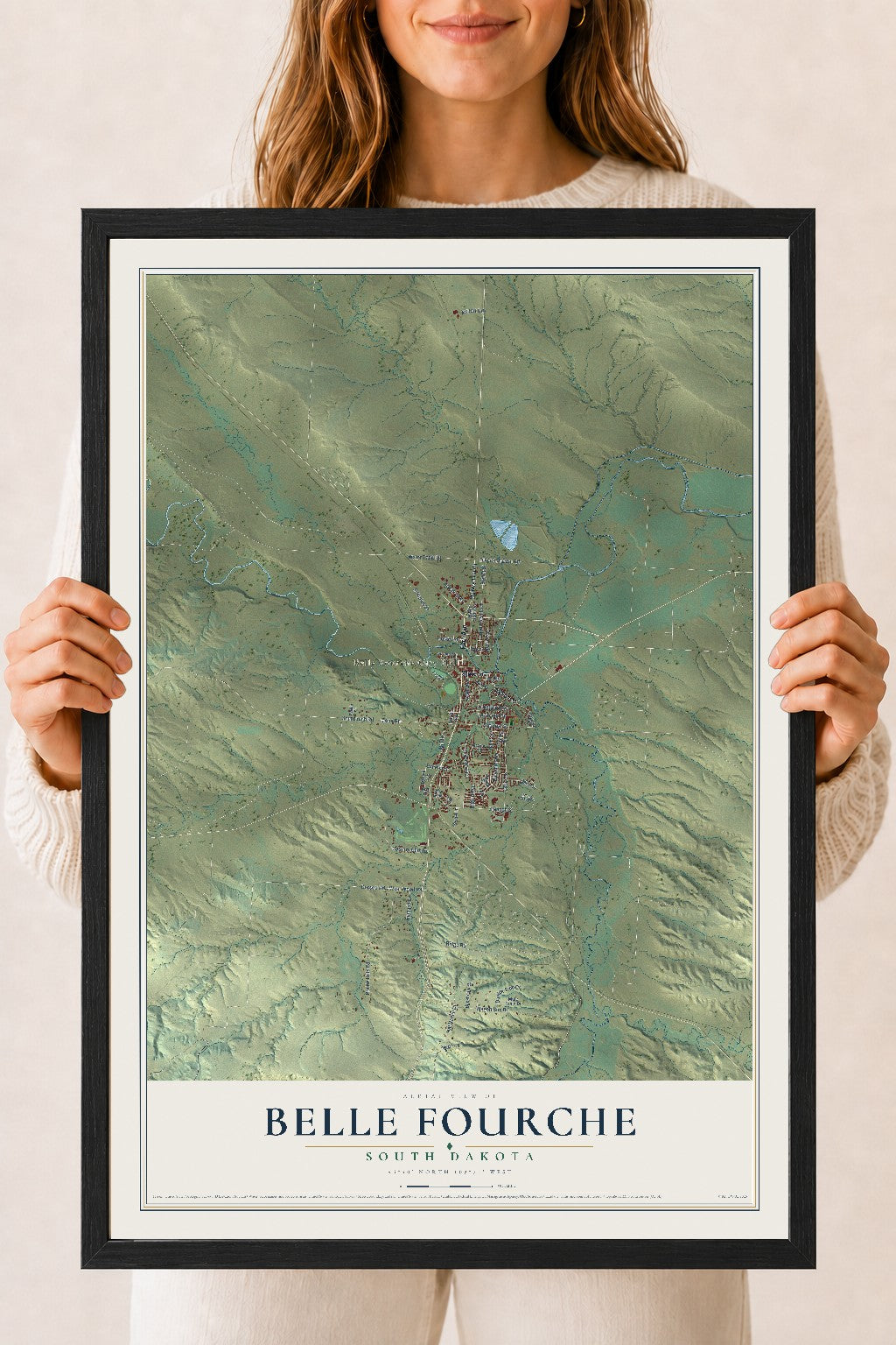Map of Belle Fourche, South Dakota, 18 x 24 inch print in a black wood frame