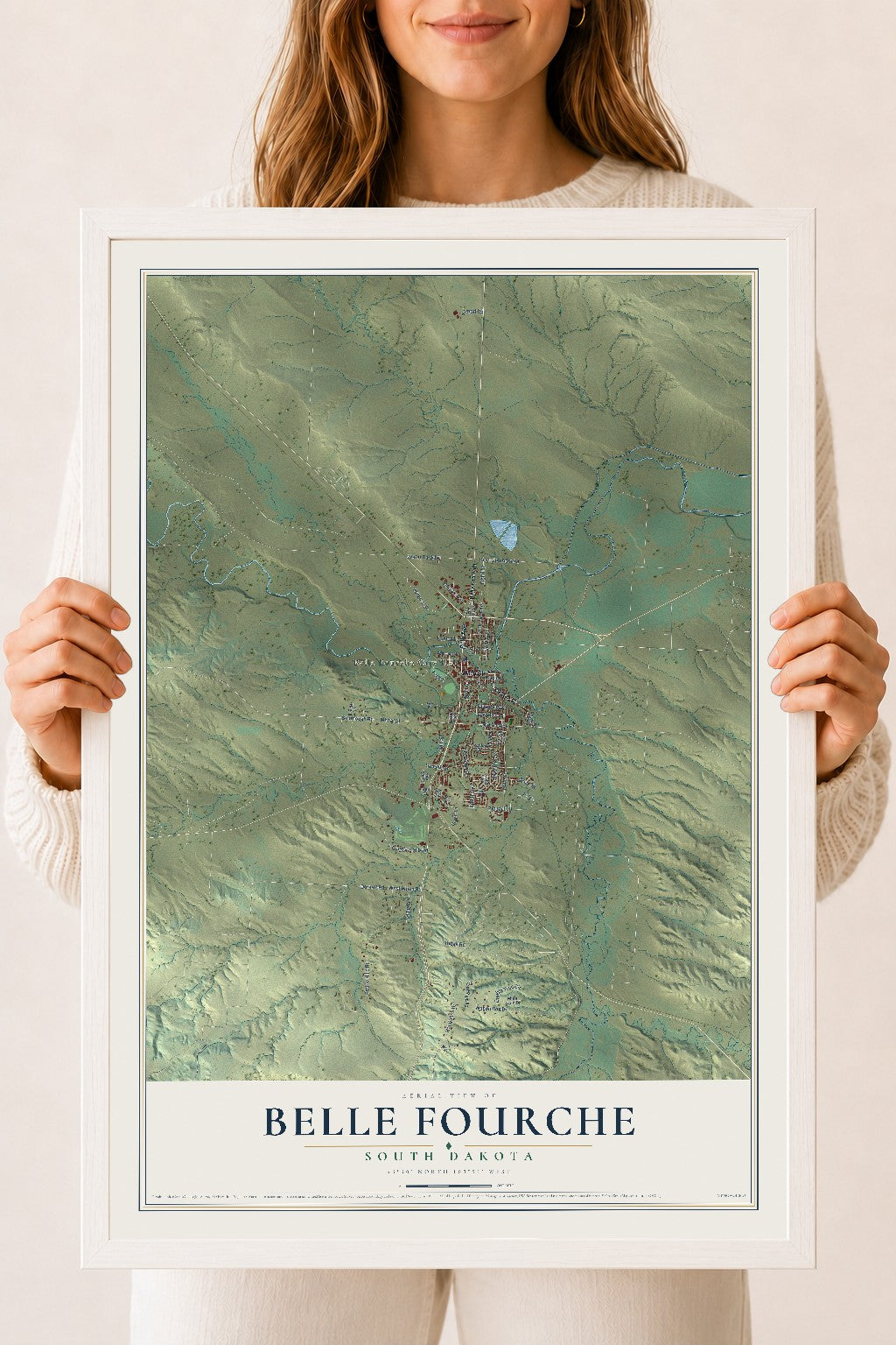 Map of Belle Fourche, South Dakota, 18 x 24 inch print in a white wood frame