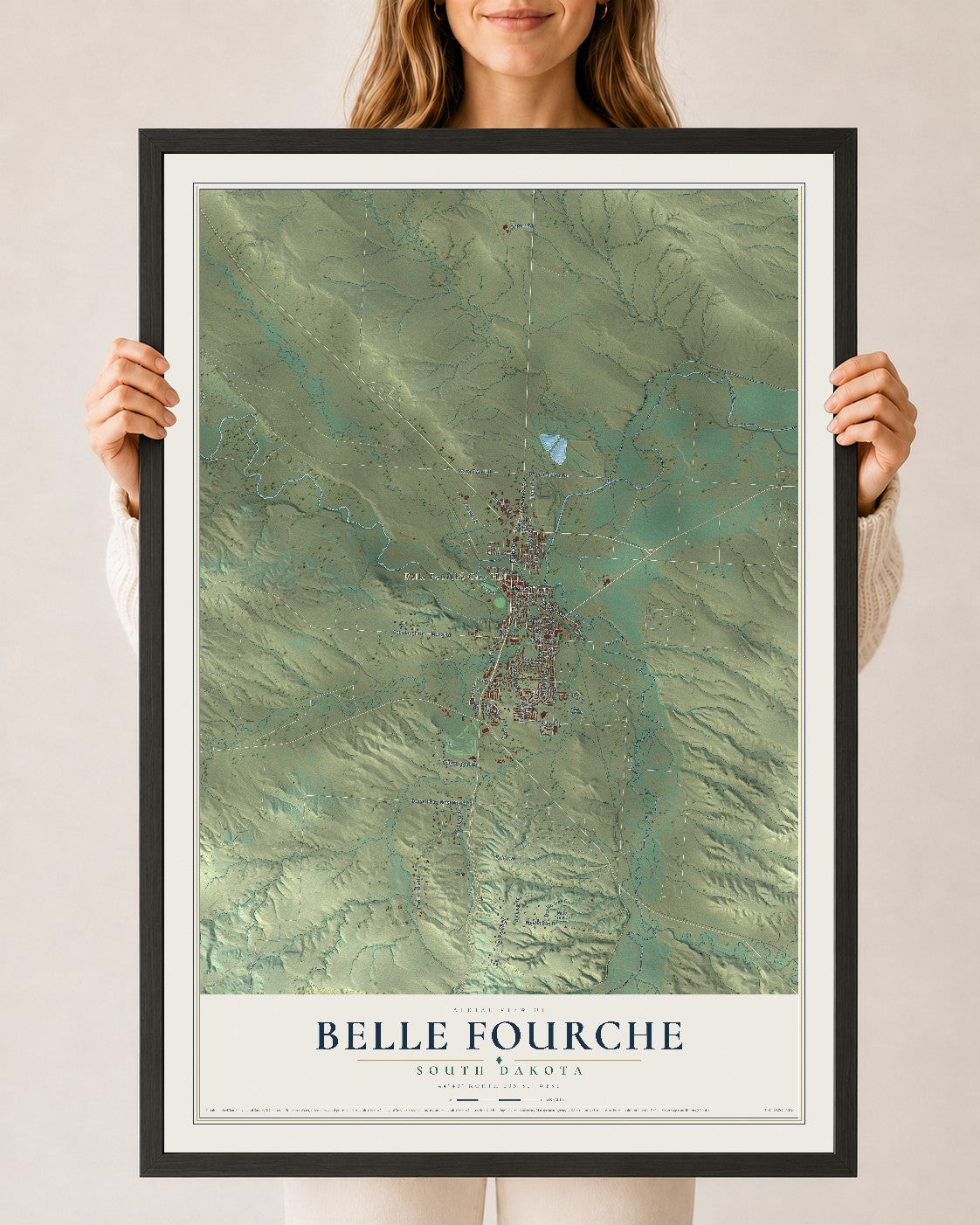 Map of Belle Fourche, South Dakota, 24 x 36 inch print in a black wood frame