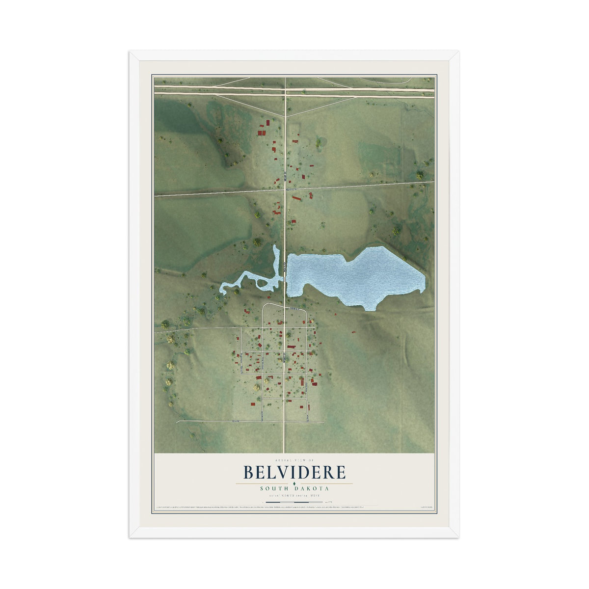 Map of Belvidere, South Dakota, 12 x 18 inch print in a white wood frame