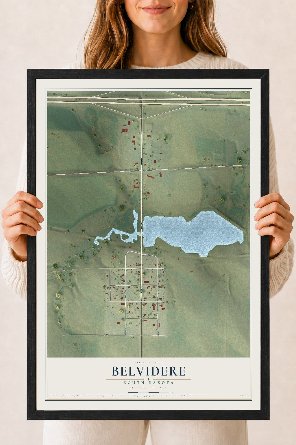 Map of Belvidere, South Dakota, 18 x 24 inch print in a black wood frame