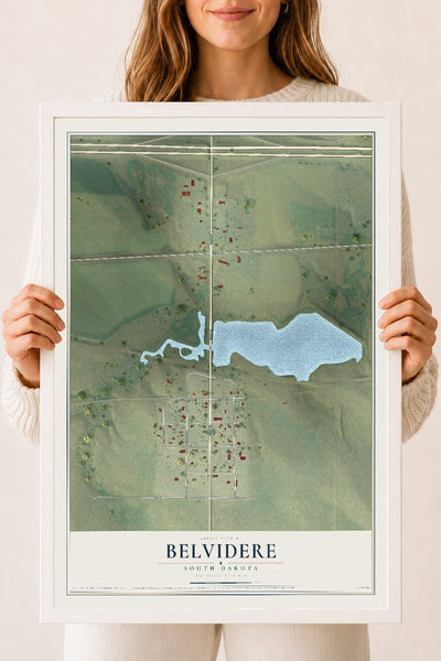 Map of Belvidere, South Dakota, 18 x 24 inch print in a white wood frame