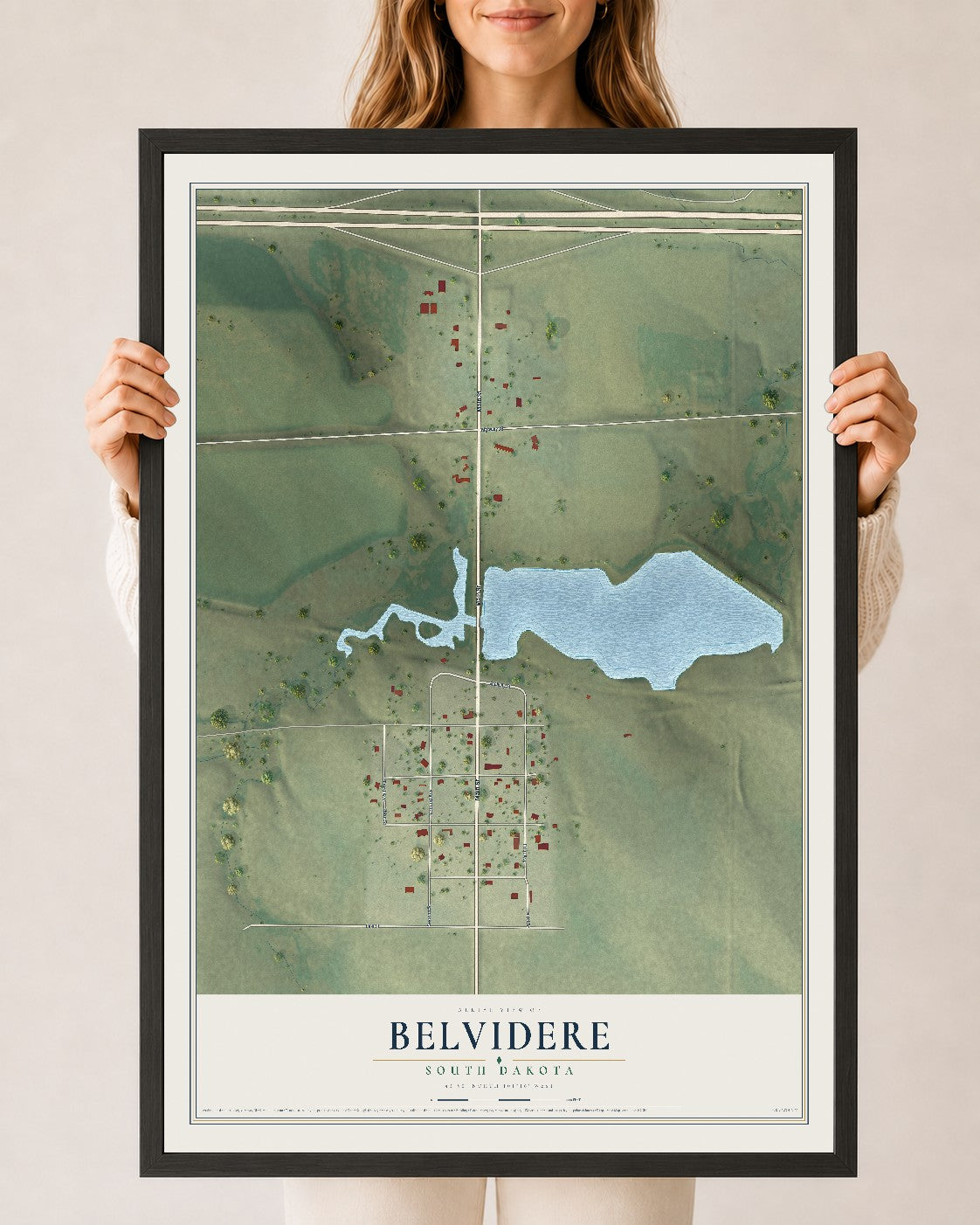 Map of Belvidere, South Dakota, 24 x 36 inch print in a black wood frame