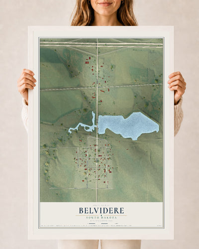 Map of Belvidere, South Dakota, 24 x 36 inch print in a white wood frame