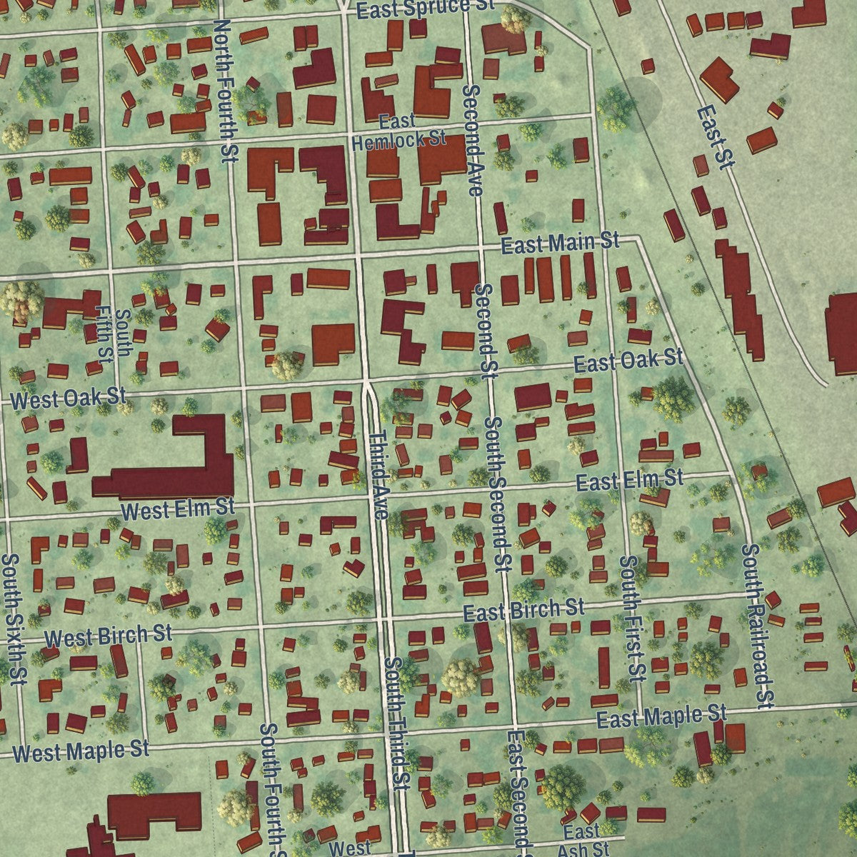Close-up of the map of Beresford, South Dakota print showing street and building detail