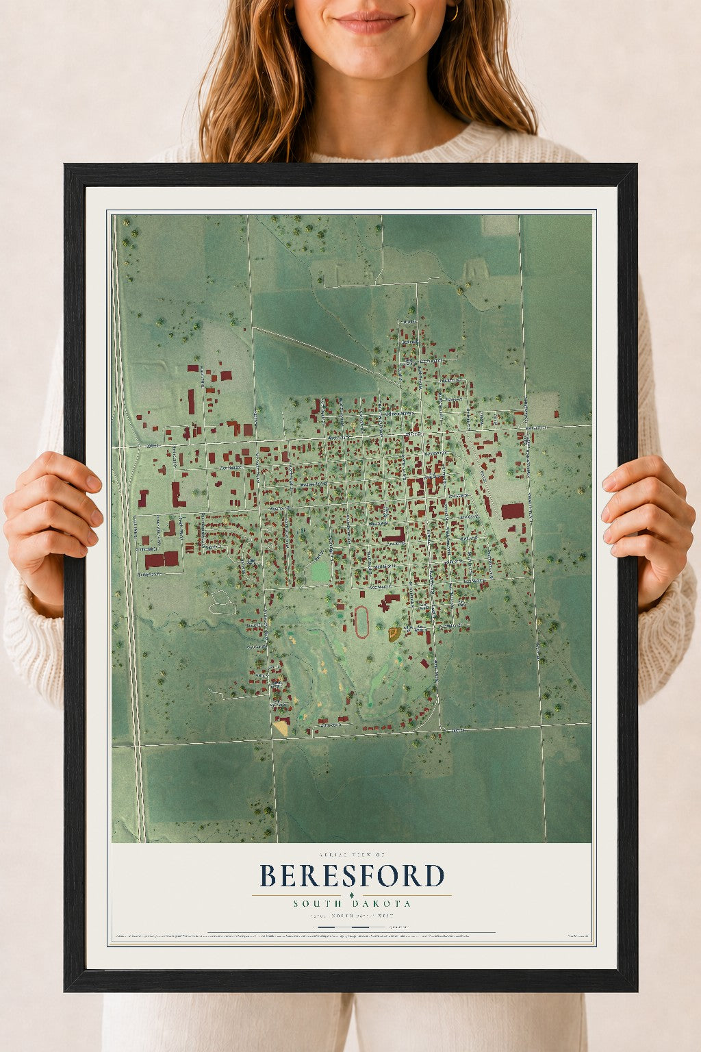 Map of Beresford, South Dakota, 18 x 24 inch print in a black wood frame