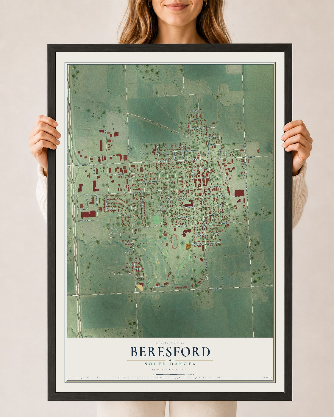 Map of Beresford, South Dakota, 24 x 36 inch print in a black wood frame