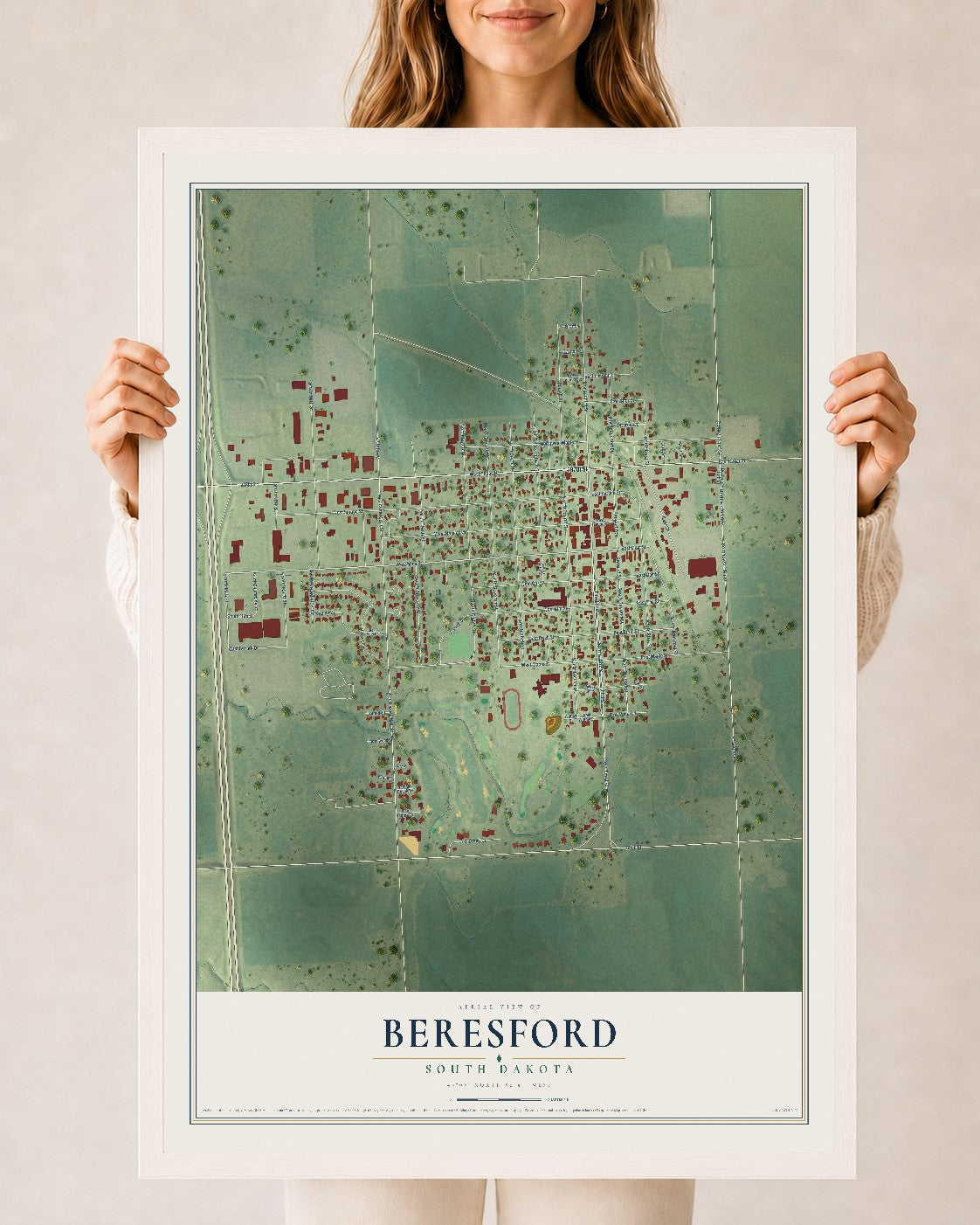 Map of Beresford, South Dakota, 24 x 36 inch print in a white wood frame