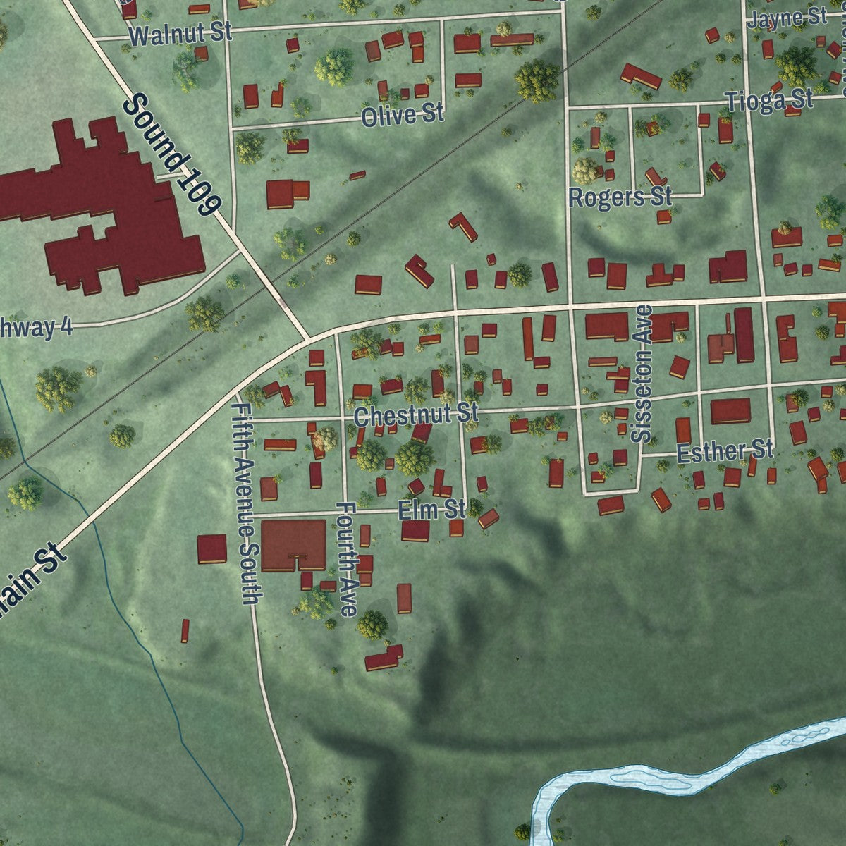 Second close-up of the map of Big Stone City, South Dakota print showing more streets and buildings