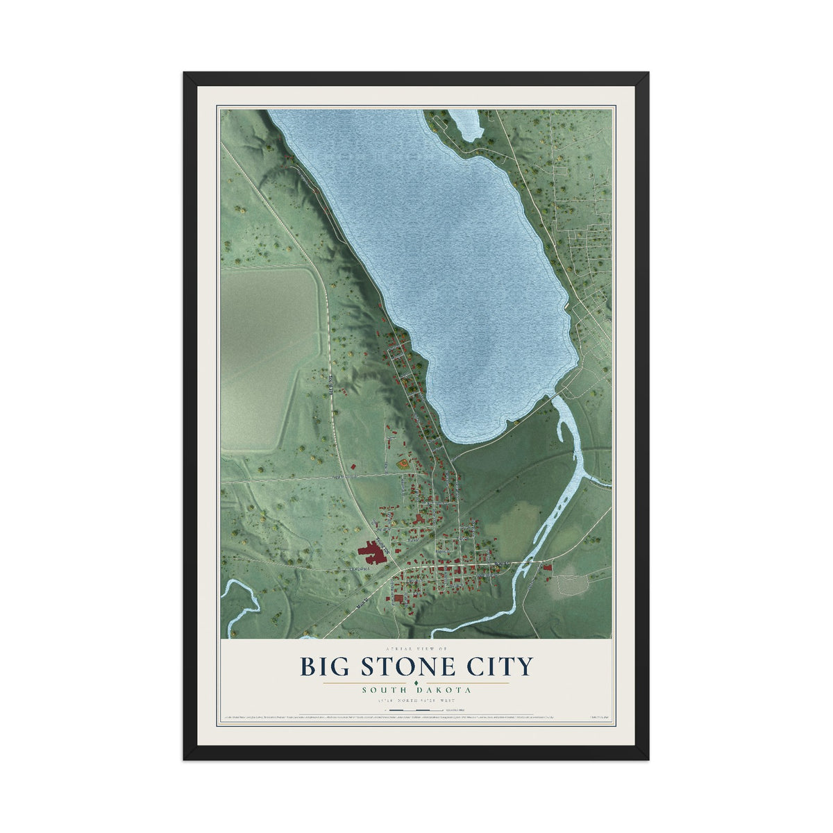 Map of Big Stone City, South Dakota, 12 x 18 inch print in a black wood frame