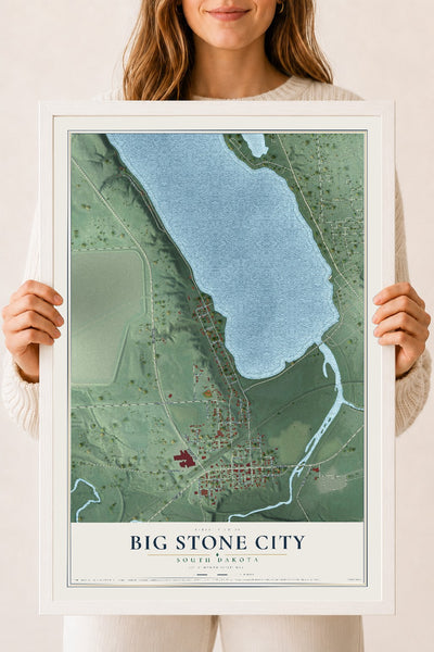 Map of Big Stone City, South Dakota, 18 x 24 inch print in a white wood frame