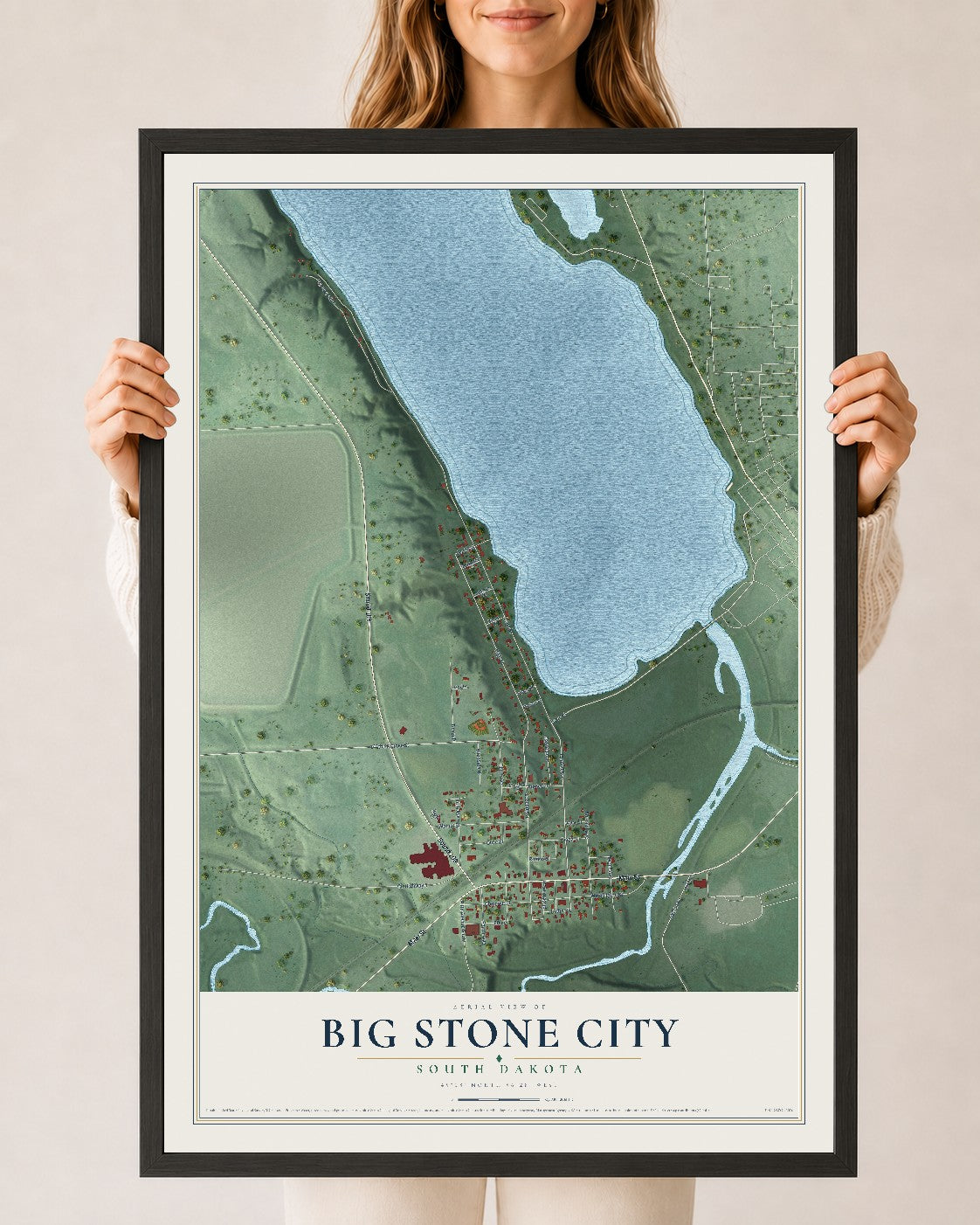Map of Big Stone City, South Dakota, 24 x 36 inch print in a black wood frame
