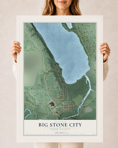 Map of Big Stone City, South Dakota, 24 x 36 inch print in a white wood frame