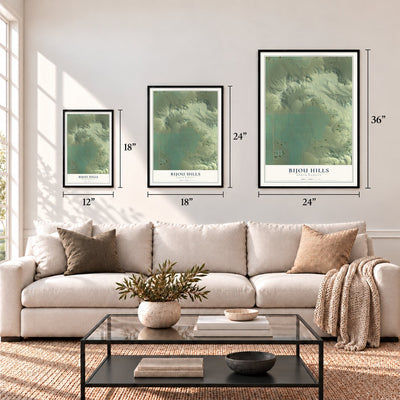 Bijou Hills, South Dakota map in 12 x 18, 18 x 24 and 24 x 36 inch sizes above a sofa