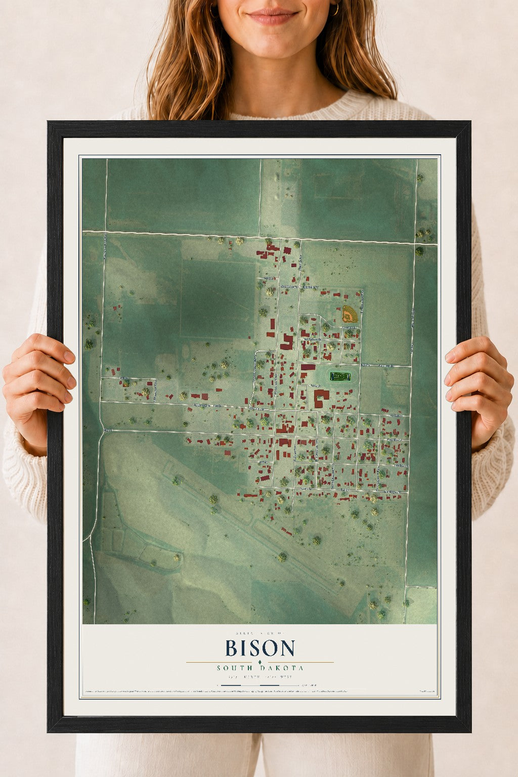 Map of Bison, South Dakota, 18 x 24 inch print in a black wood frame