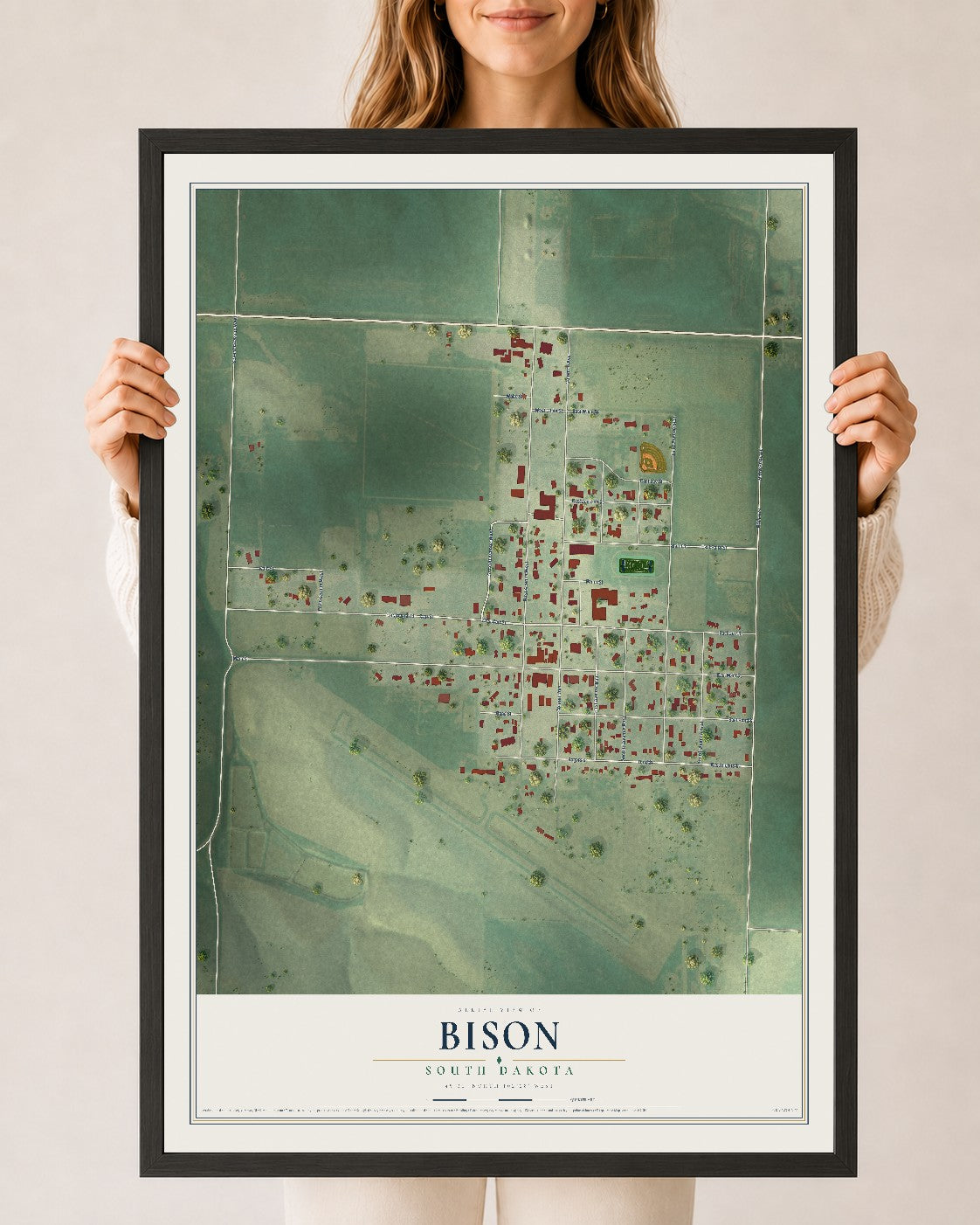 Map of Bison, South Dakota, 24 x 36 inch print in a black wood frame