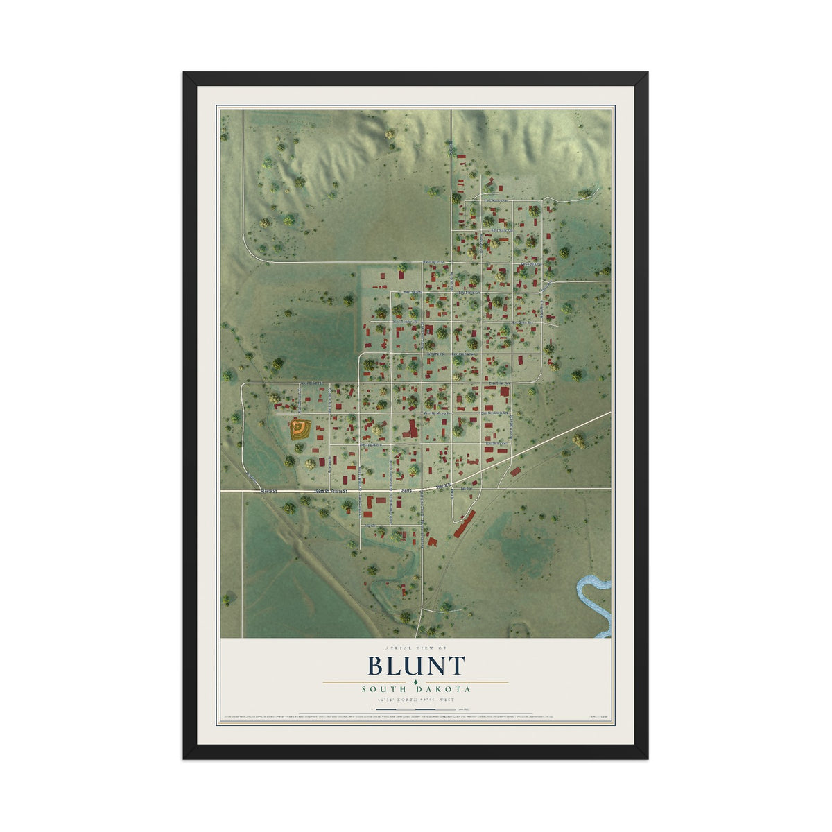 Map of Blunt, South Dakota, 12 x 18 inch print in a black wood frame