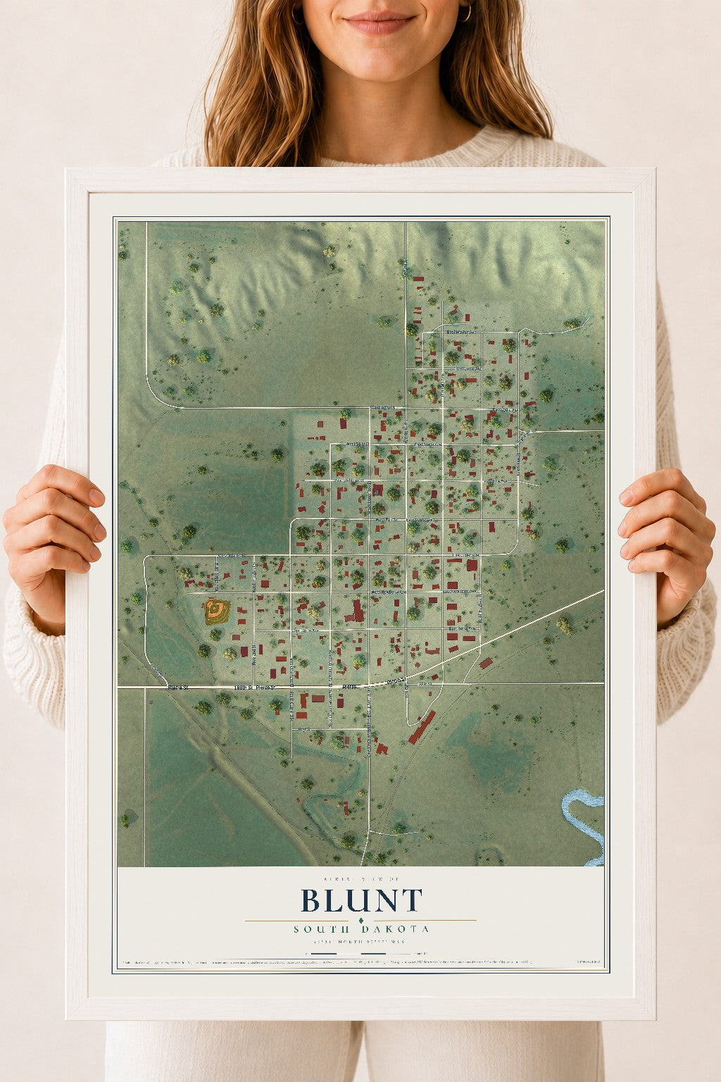 Map of Blunt, South Dakota, 18 x 24 inch print in a white wood frame