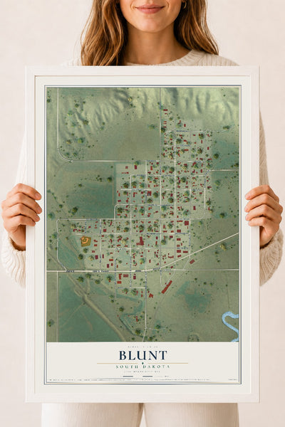 Map of Blunt, South Dakota, 18 x 24 inch print in a white wood frame