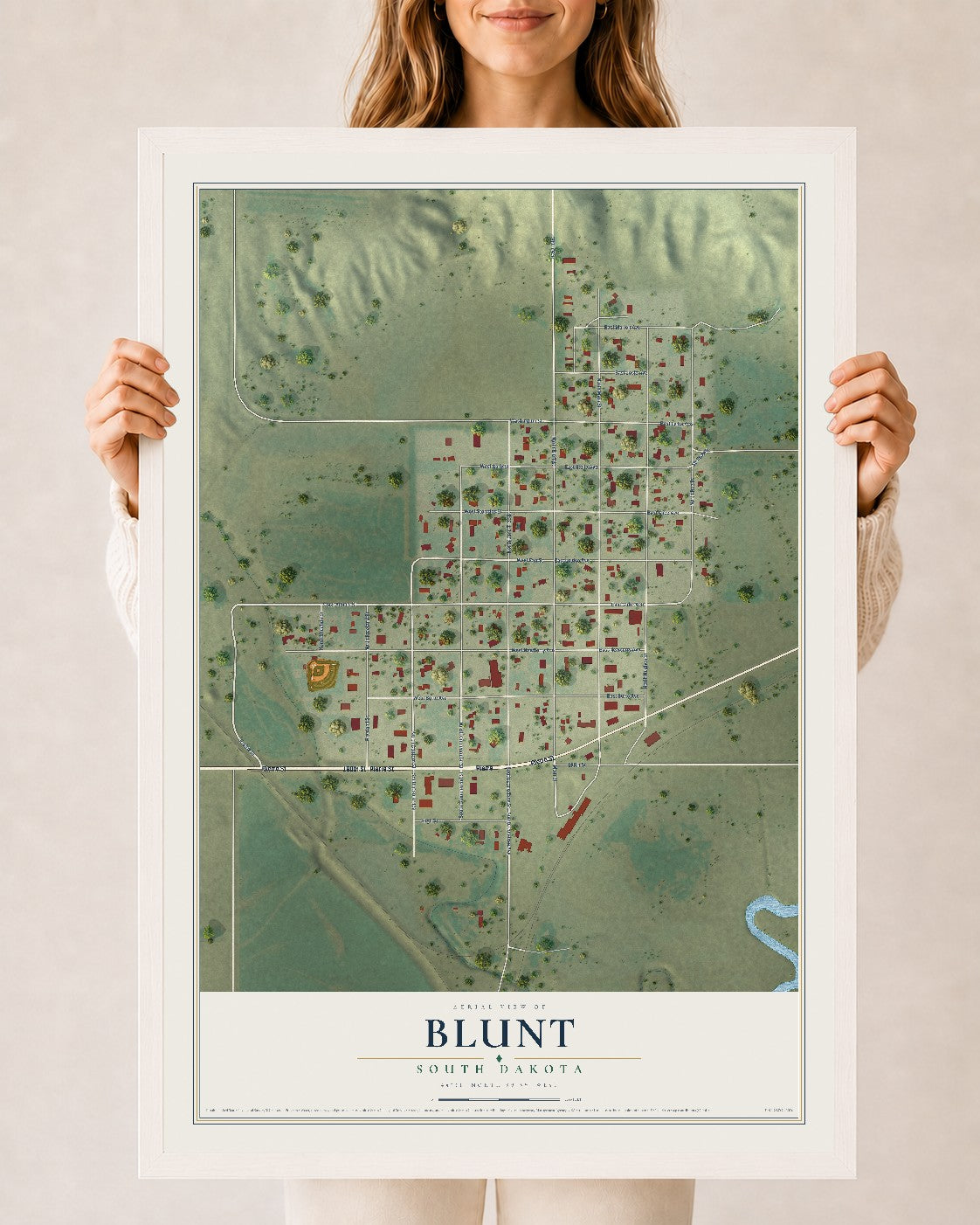 Map of Blunt, South Dakota, 24 x 36 inch print in a white wood frame
