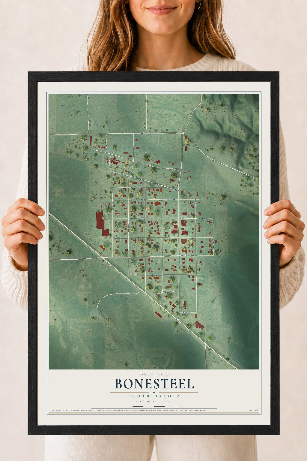 Map of Bonesteel, South Dakota, 18 x 24 inch print in a black wood frame