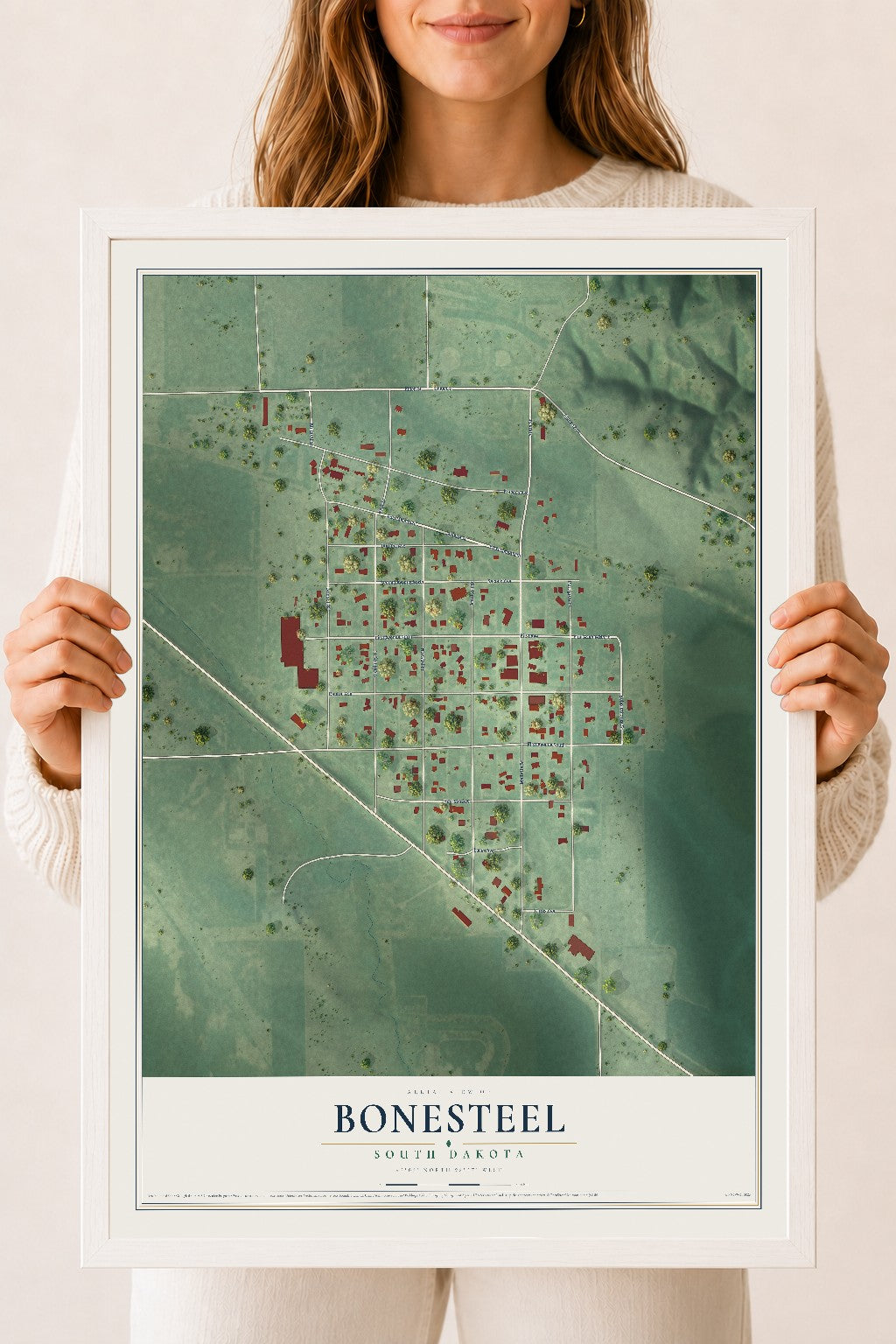 Map of Bonesteel, South Dakota, 18 x 24 inch print in a white wood frame