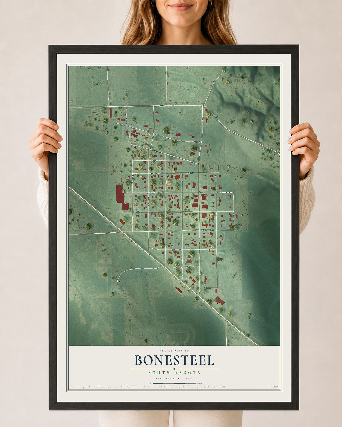 Map of Bonesteel, South Dakota, 24 x 36 inch print in a black wood frame