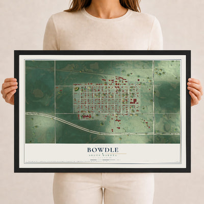 Map of Bowdle, South Dakota, 12 x 18 inch print in a black wood frame