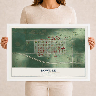 Map of Bowdle, South Dakota, 12 x 18 inch print in a white wood frame