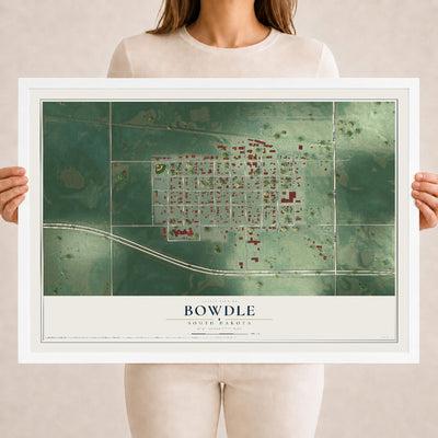 Map of Bowdle, South Dakota, 18 x 24 inch print in a white wood frame