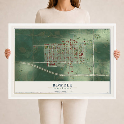 Map of Bowdle, South Dakota, 24 x 36 inch print in a white wood frame