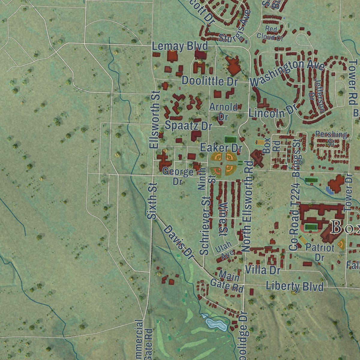 Close-up of the map of Box Elder, South Dakota print showing street and building detail