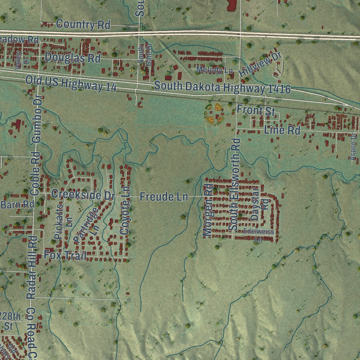 Second close-up of the map of Box Elder, South Dakota print showing more streets and buildings