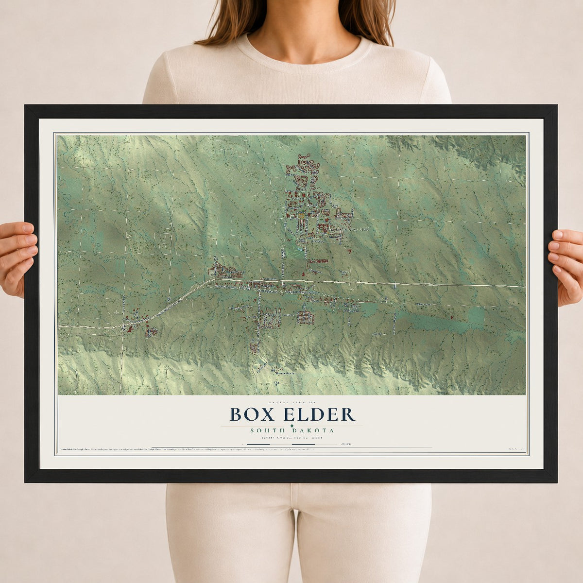 Map of Box Elder, South Dakota, 18 x 24 inch print in a black wood frame