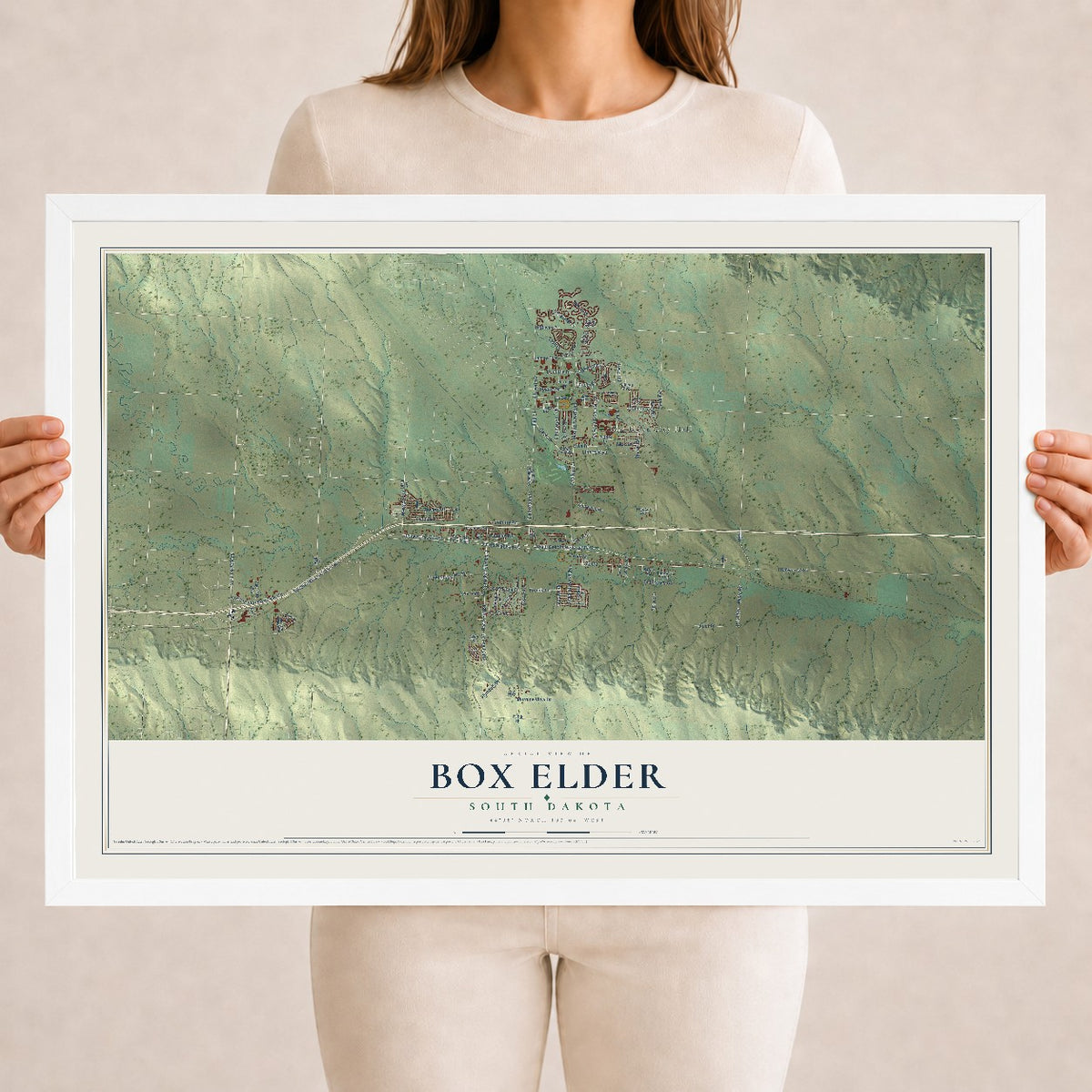 Map of Box Elder, South Dakota, 18 x 24 inch print in a white wood frame