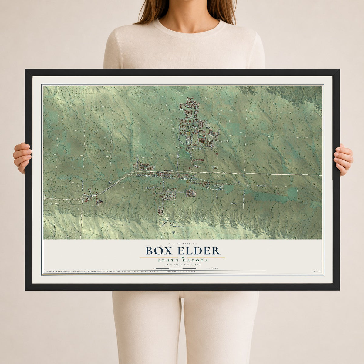 Map of Box Elder, South Dakota, 24 x 36 inch print in a black wood frame