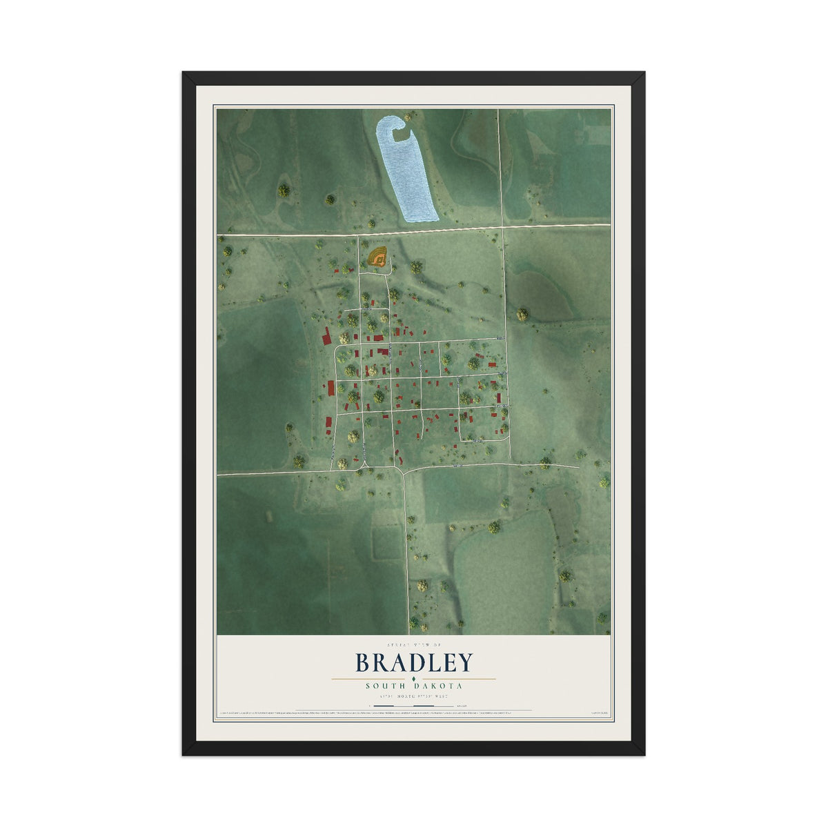 Map of Bradley, South Dakota, 12 x 18 inch print in a black wood frame
