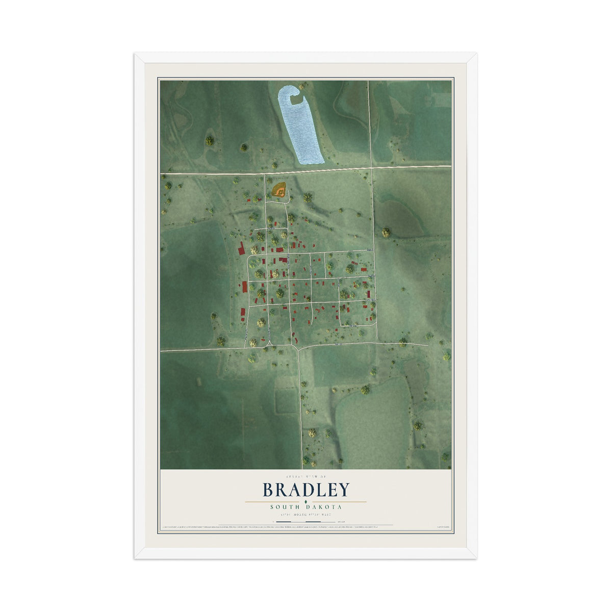 Map of Bradley, South Dakota, 12 x 18 inch print in a white wood frame