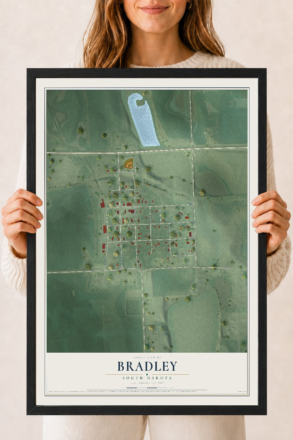 Map of Bradley, South Dakota, 18 x 24 inch print in a black wood frame