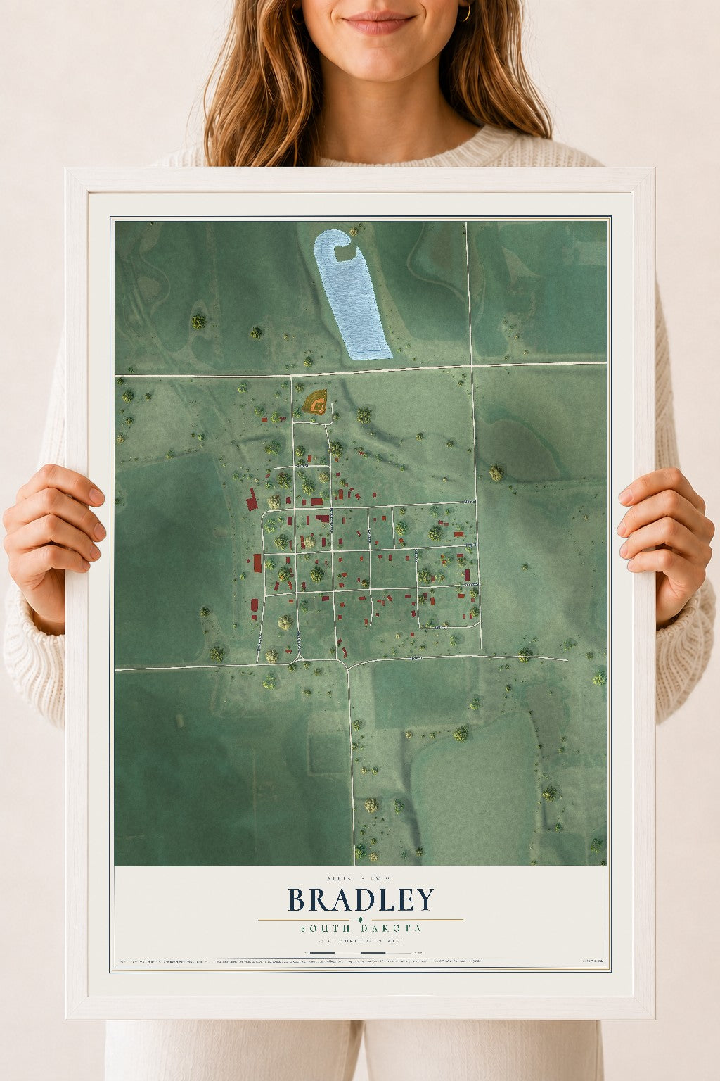 Map of Bradley, South Dakota, 18 x 24 inch print in a white wood frame