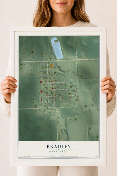 Map of Bradley, South Dakota, 18 x 24 inch print in a white wood frame