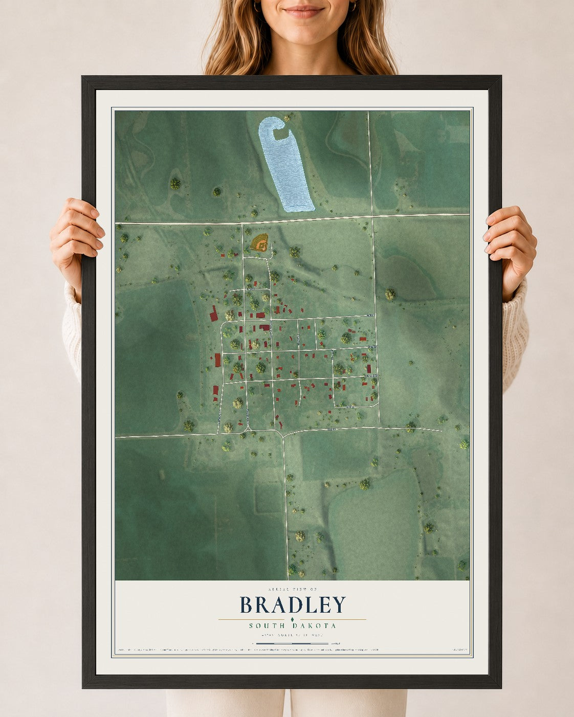Map of Bradley, South Dakota, 24 x 36 inch print in a black wood frame
