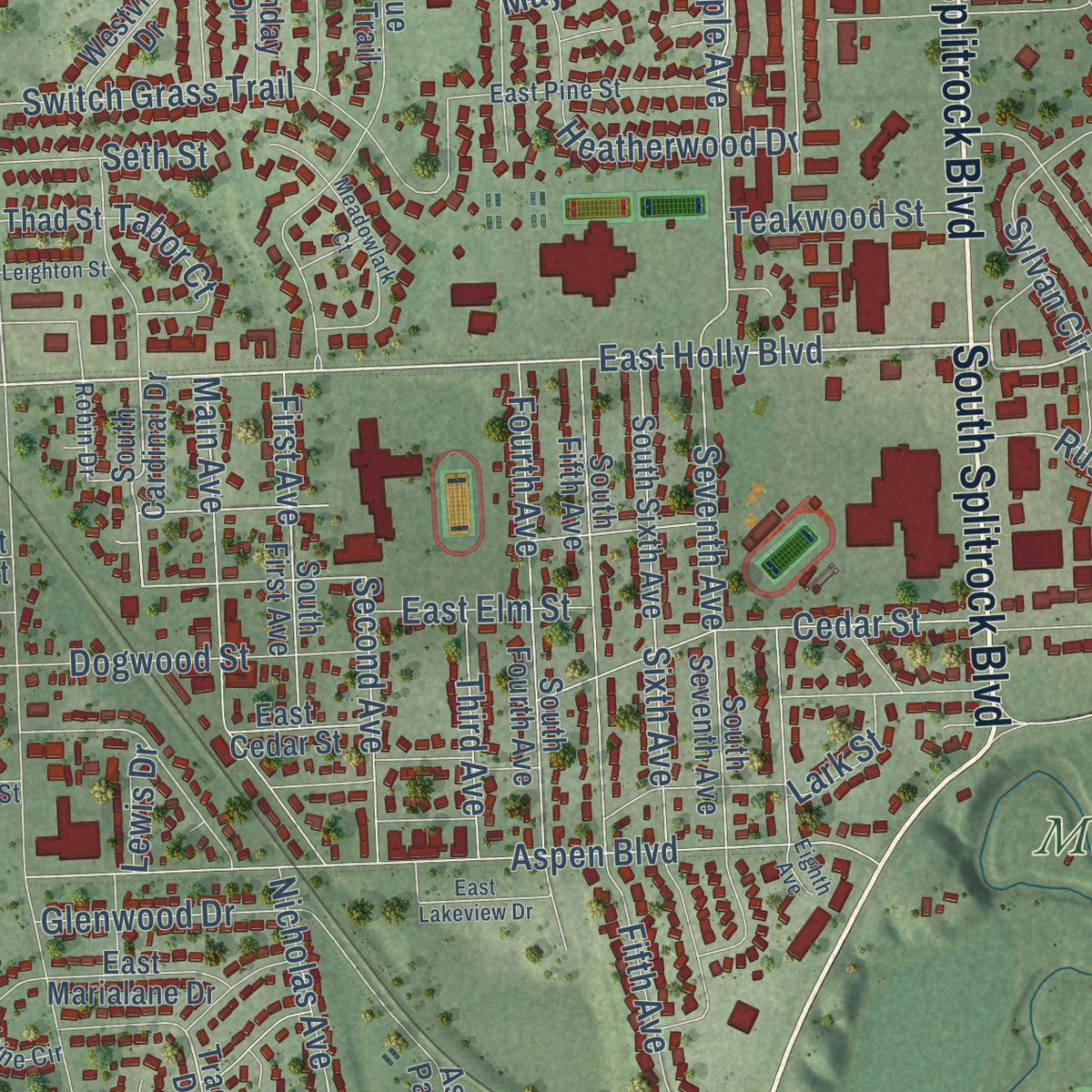 Close-up of the map of Brandon, South Dakota print showing street and building detail