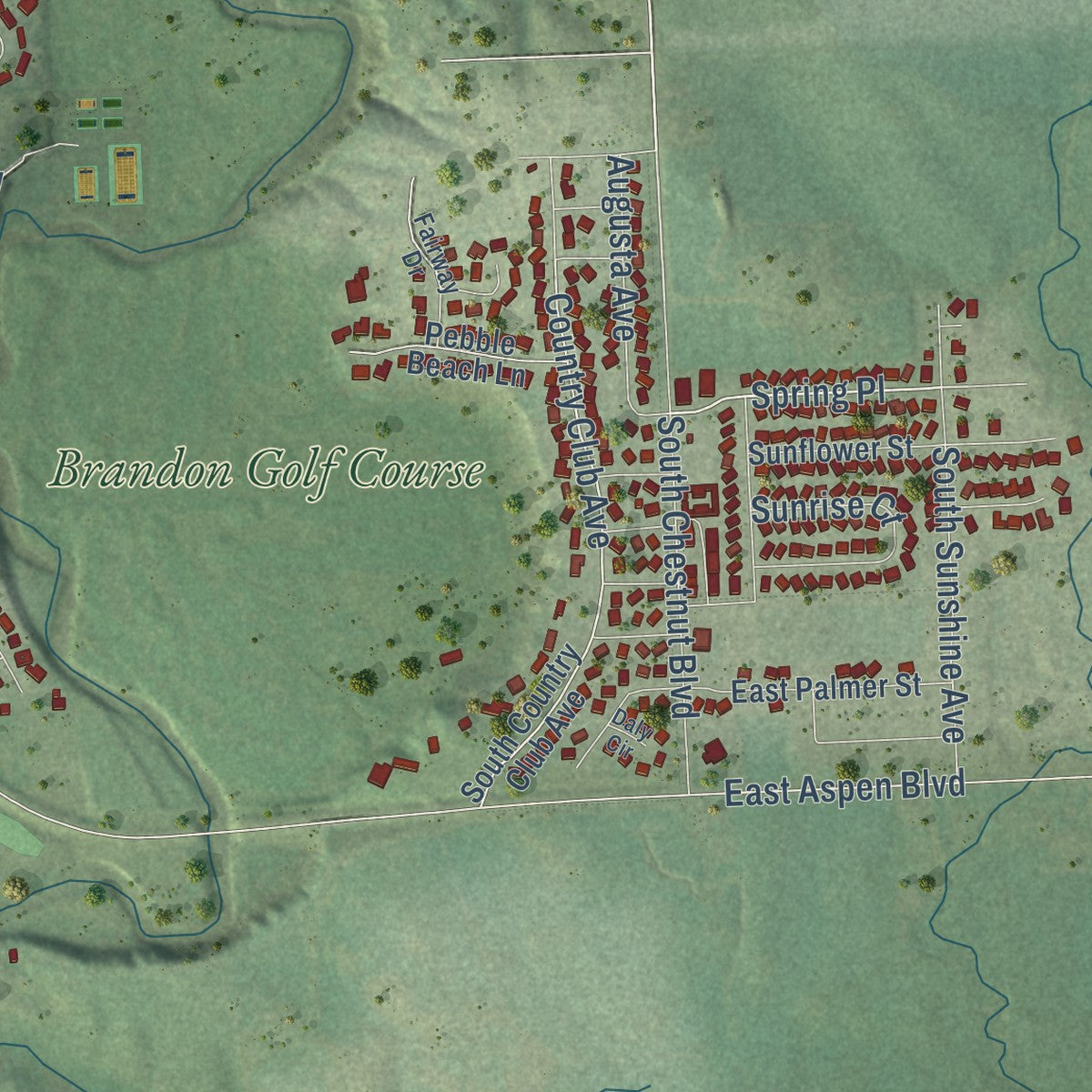Second close-up of the map of Brandon, South Dakota print showing more streets and buildings