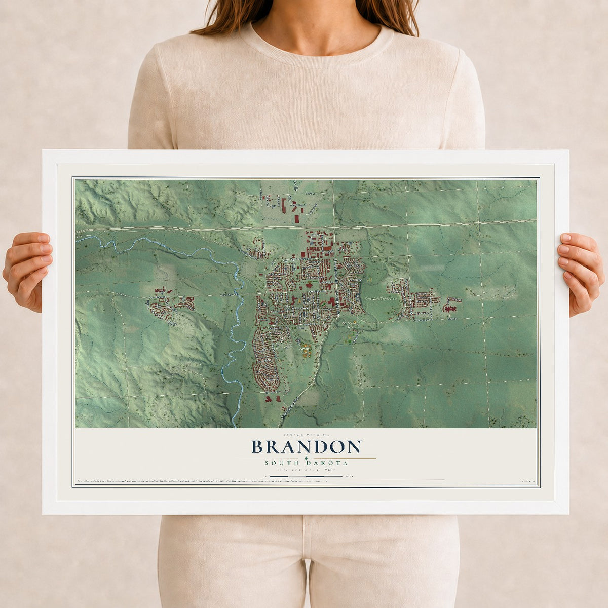 Map of Brandon, South Dakota, 12 x 18 inch print in a white wood frame