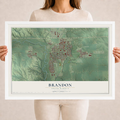 Map of Brandon, South Dakota, 18 x 24 inch print in a white wood frame