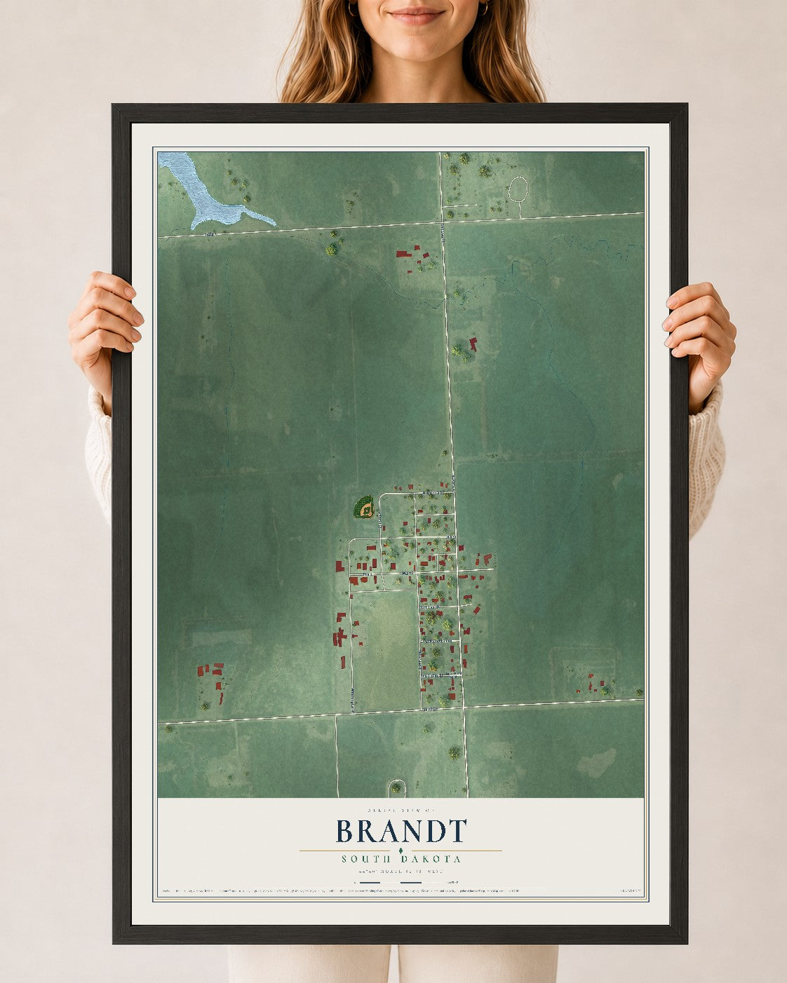 Map of Brandt, South Dakota, 24 x 36 inch print in a black wood frame