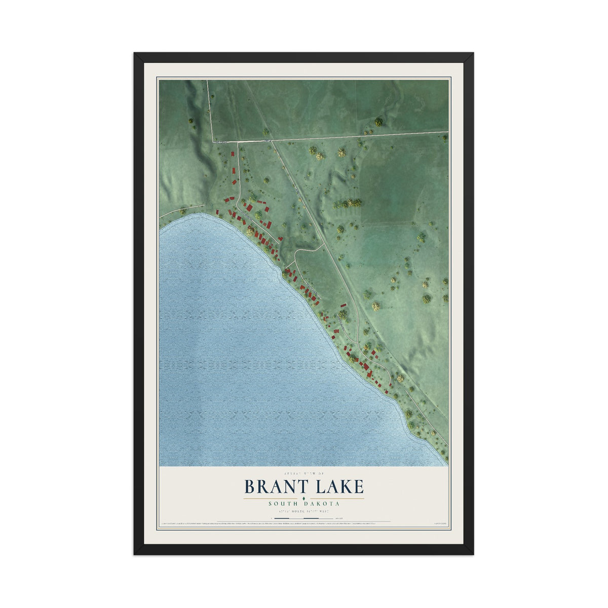 Map of Brant Lake, South Dakota, 12 x 18 inch print in a black wood frame