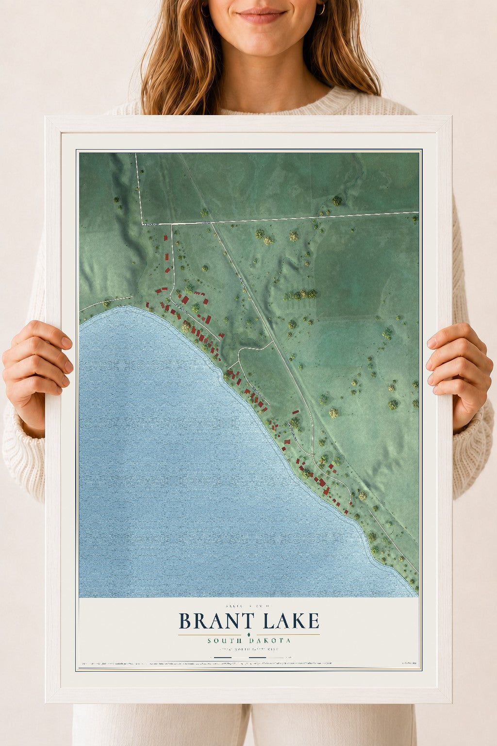 Map of Brant Lake, South Dakota, 18 x 24 inch print in a white wood frame