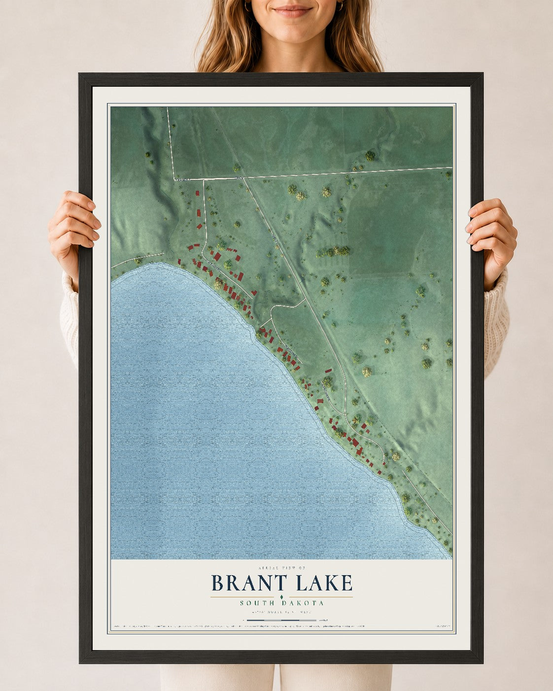 Map of Brant Lake, South Dakota, 24 x 36 inch print in a black wood frame